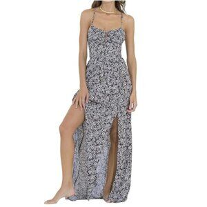 NWOT Size Large Maaji Black Pansy Holly Floral Print Maxi Dress Black White